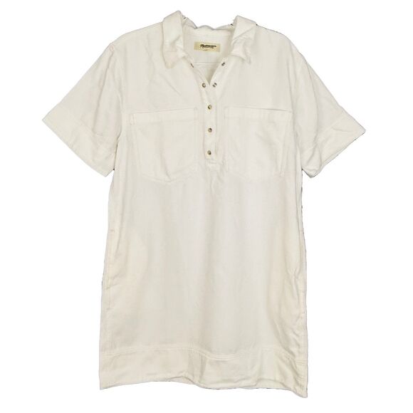 MADEWELL Denim Popover Dress L Pure White Pocket Mini Short Sleeve NWT B28 - Picture 2 of 6